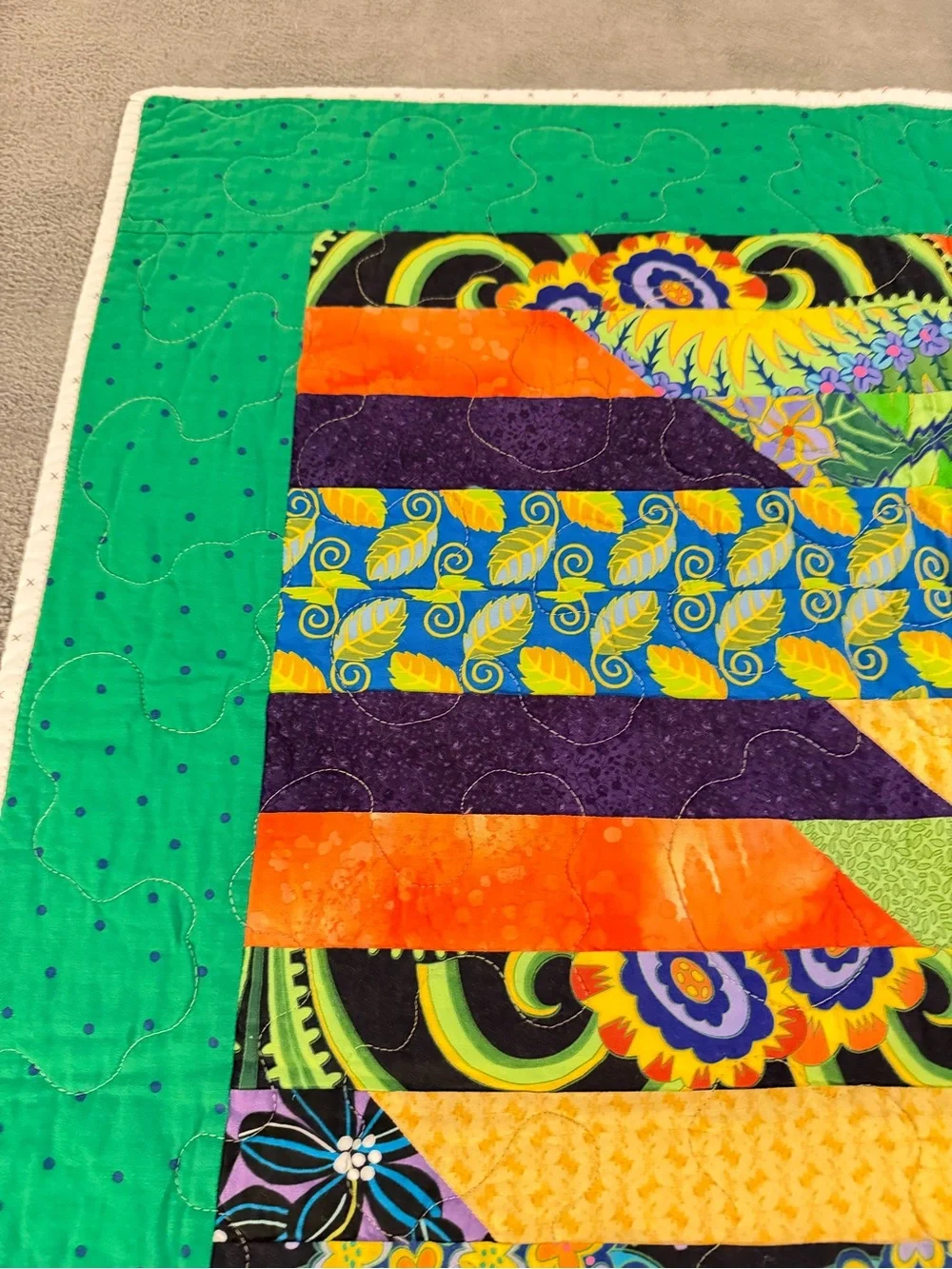 Handmade Bright Patchwork lap Quilt, wall hanging or bed accent. 29 x 37 inches.